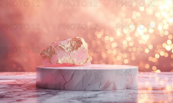 Pink marble podium with shadow of leaves and rose quartz texture background AI generated