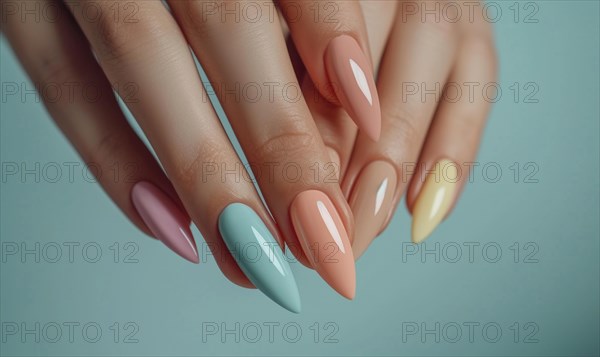 Female hands with pink and beige manicure and nail polish AI generated