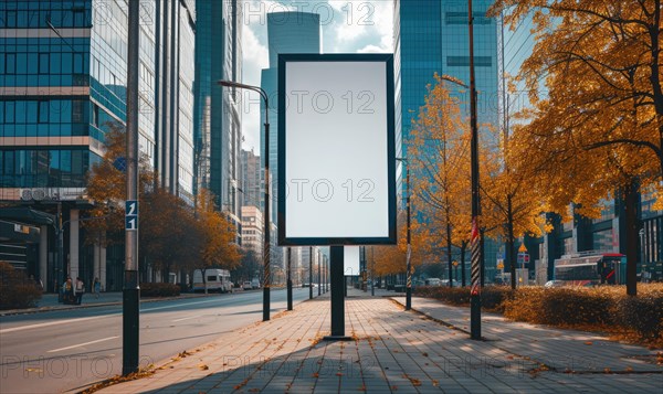 Blank street billboard on city street. Mock up of vertical advertising stand in the street AI generated