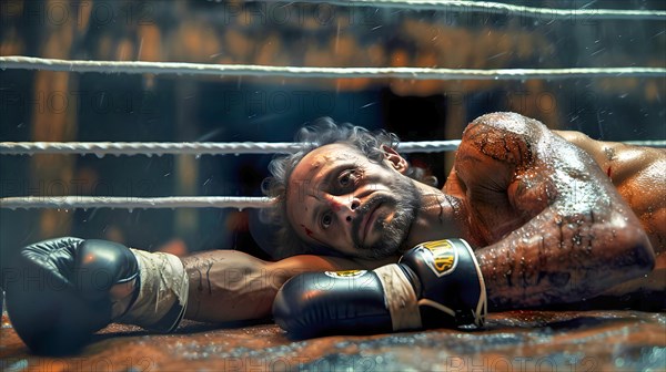 Symbol image for a defeat, a boxer is knocked out on the floor in the ring, AI generated, AI generated