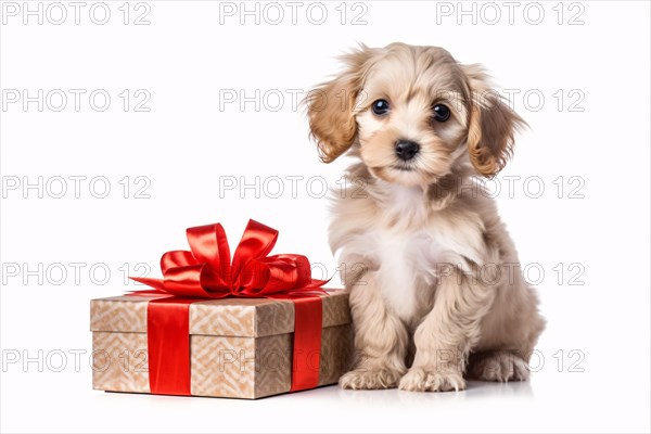 Cute small dog next to gift box on white background. KI generiert, generiert AI generated
