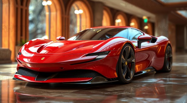 A luxurious red Ferrari parked indoors with sunlight casting reflections on the glossy floor, AI generated