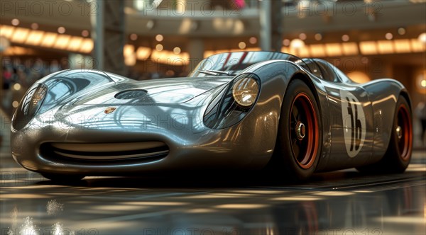 A silver vintage Porsche race car displayed inside a luxurious shopping mall with reflections on the floor, AI generated