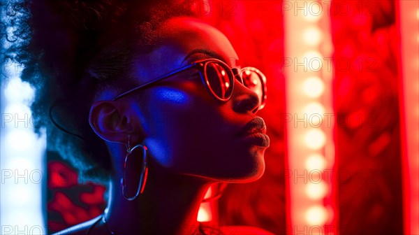 Relaxed woman with trendy glasses in a discreet pose, mysteriously illuminated by red neon lights, AI generated, AI generated