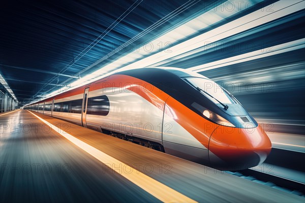 Modern high speed train in a futuristic train station. Modern transportation technology, speed, travel concepts. Railroad with motion blur effect, AI generated