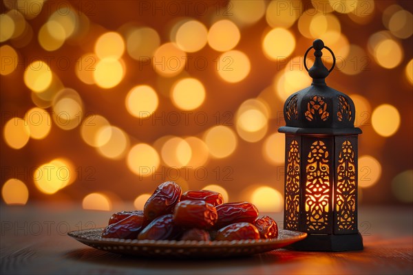Ramadan lantern to a plate of succulent figs on bokeh background, set on an ornate table with intricate designs, evoking the rich traditions and serene moments of the holy month, AI generated