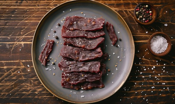 Beef jerky with spices and herbs on black background, top view, space for text AI generated