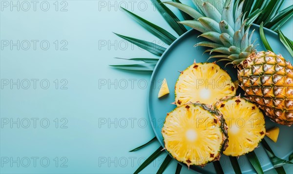 Pineapple slices on blue plate over blue background. Top view with copy space AI generated