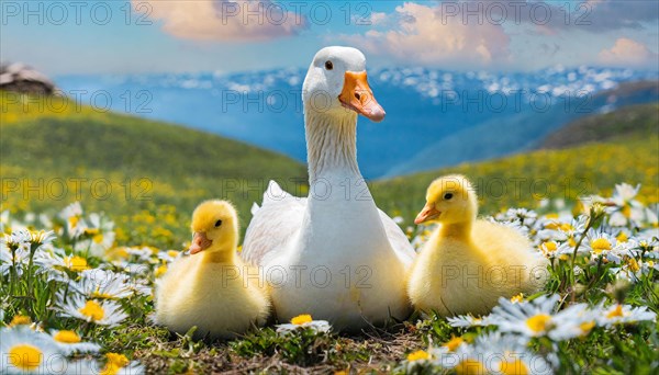 AI generated, animal, animals, bird, birds, biotope, habitat, one, individual, foraging, wildlife, goose, domestic goose, domestic geese, (Anser anser), female, gosling, gosling, yellow gosling, swim, pond, body of water, water, lie, meadow, flowers, summer, two, three, four, pet, domestic animals, farm animal, farm animals