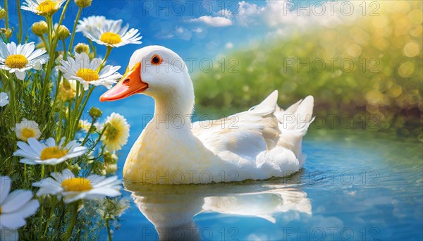 AI generated, animal, animals, bird, birds, biotope, habitat, one, individual, foraging, wildlife, goose, domestic goose, domestic geese, (Anser anser), female, gosling, gosling, yellow gosling, swim, pond, body of water, water, lie, meadow, flowers, summer, two, three, four, pet, domestic animals, farm animal, farm animals