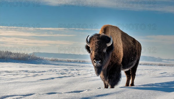 AI generated, animal, animals, mammal, mammals, biotope, habitat, one, individual animal, foraging, wildlife, bison, North America, buffalo, wild cattle, (Bison bonasus), ice, snow, winter, winter landscape