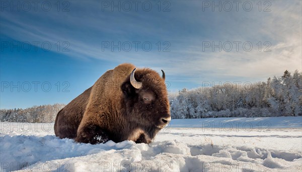 AI generated, animal, animals, mammal, mammals, biotope, habitat, one, individual animal, foraging, wildlife, bison, North America, buffalo, wild cattle, (Bison bonasus), winter, ice, snow, winter landscape