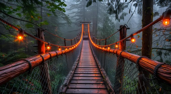 Atmospheric foggy rainforest Capilano suspension bridge with orange lights in the early morning, ai generated, AI generated
