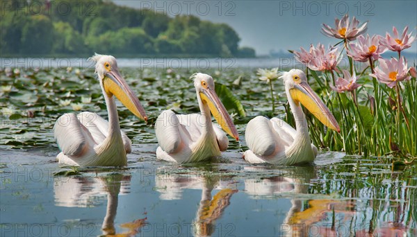 KI generated, animal, animals, bird, birds, biotope, habitat, three, swim, waters, reeds, water lilies, blue sky, foraging, wildlife, summer, seasons, dalmatian pelican (Pelecanus crispus)