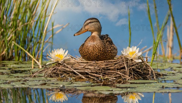 Ai generated, animal, animals, bird, birds, biotope, habitat, a, individual, swims, waters, reeds, water lilies, blue sky, foraging, wildlife, summer, seasons, mallard, female, female, broods, nest, (Anas platyrhynchos, swimmer, family of geese)