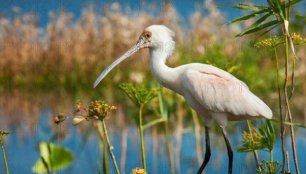 Ai generated, animal, animals, bird, birds, biotope, habitat, one, individual, swims, waters, reeds, water lilies, blue sky, foraging, wildlife, summer, seasons, spoonbill, roseate spoonbill, (Platalea ajaja, Syn: Ajaja ajaja), occurrence: Texas and Louisiana