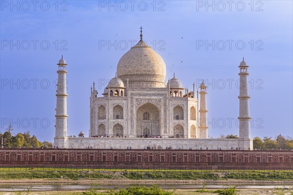 The Taj Mahal, view from the View Point near Mehtab Bagh or Moonlight Garden, Agra, India, blue sky, art, pattern, Asia
