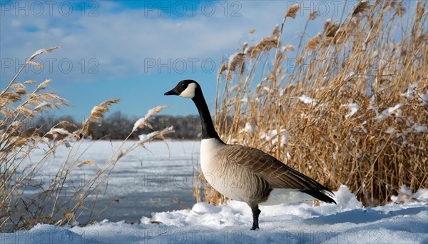 KI generated, animal, animals, bird, birds, biotope, habitat, one, individual, water, ice, snow, winter, reed, blue sky, foraging, wildlife, seasons, canada goose (Branta canadensis), goose, geese, goose bird