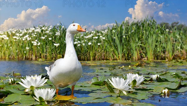 Ai generated, animal, animals, bird, birds, biotope, habitat, an, individual, water, reed, blue sky, foraging, wildlife, seasons, summer, water lilies, snow goose (Anser caerulescens), goose, geese, geese birds