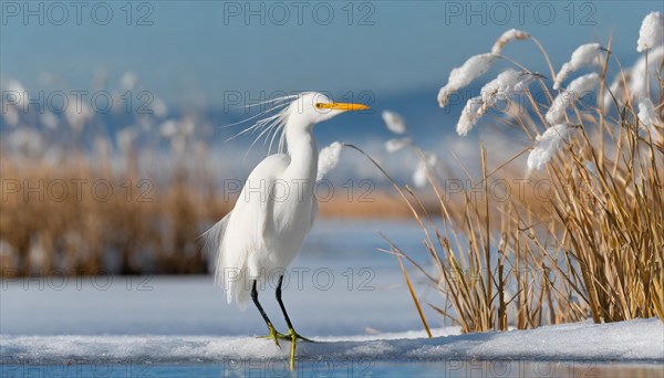 KI generated, animal, animals, bird, birds, biotope, habitat, one, individual, water, reed, snow, ice, winter, blue sky, foraging, wildlife, seasons, cattle egret (Bubulcus ibis)