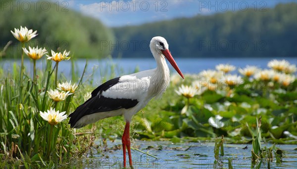 Ai generated, animal, animals, bird, birds, biotope, habitat, a, individual, swims, waters, reeds, water lilies, blue sky, foraging, wildlife, summer, seasons, white stork (Ciconia ciconia)