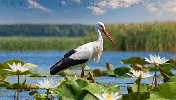 Ai generated, animal, animals, bird, birds, biotope, habitat, a, individual, swims, waters, reeds, water lilies, blue sky, foraging, wildlife, summer, seasons, white stork (Ciconia ciconia)