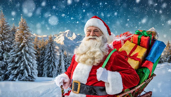 AI generated, man, 70+, Father Christmas, red coat, backpack, full beard, winter, snow, ice, fir trees, snowy, snowflakes, winter landscape, Christmas hat, costume, clothes, colourful, colourful presents, packages, nice teeth, smiles, friendly, Christmas, evening, night shot, winter forest, sleigh