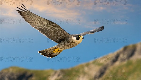 KI generated, animal, animals, bird, birds, biotope, habitat, one, individual, flying, flying, summer, peregrine falcon (Falco peregrinus) flight, blue sky