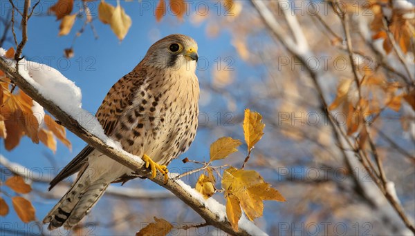 Ai generated, animal, animals, bird, birds, biotope, habitat, one, individual, perches, branch, common kestrel (Falco tinnunculus), ice, snow, autumn, autumn leaves, winter, between the seasons