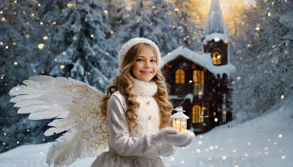 AI generated, girl, angel, winter, snow, ice, firs, snowy, snowflakes, winter landscape, costume, clothes, angel costume, candle, candles, light, lights, beautiful teeth, smiles, friendly, Christmas, evening, night shot, winter forest, church, one person, 8-12 years, burning candle