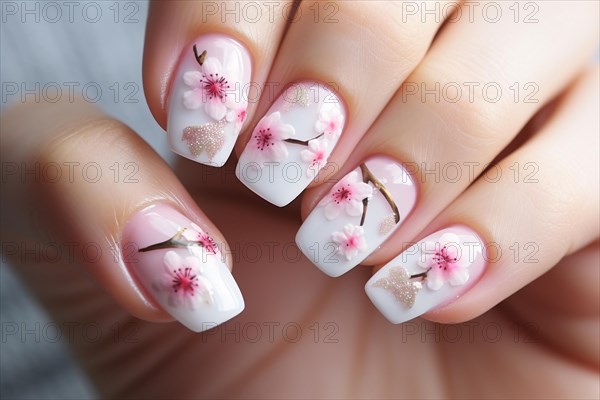 Woman's fingernails with pink cherry blossom nail design. KI generiert, generiert AI generated