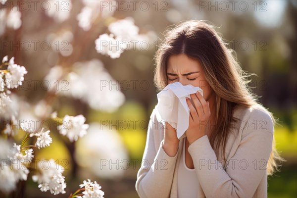 Young woman with seasonal pollen allergies sneezing into paper tissue with spring flowers in background. KI generiert, generiert AI generated