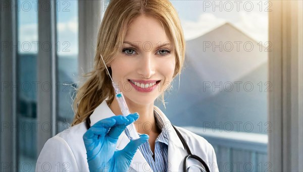 AI generated, RF, woman, woman, doctor, female doctor, 25, 30, years, attractive, attractive, doctor's office, holds a syringe in her hand, disposable syringe, flu shot, corona, pneumococcal, prevention, health, blonde, blonde, beautiful teeth, long hair