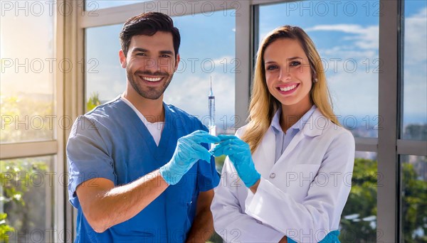 Ai generated, RF, woman, woman, man, men, doctor, female doctor, two, 30-35, years, attractive, attractive, doctor's office, holds a syringe in her hand, disposable syringe, flu shot, corona, pneumococcal, prevention, health, blond, blonde, blonde, beautiful teeth, long hair, two people