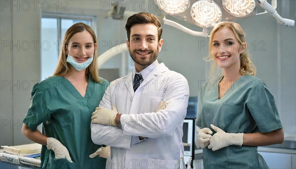 AI generated, RF, woman, woman, man, doctor, doctor team, team, 30, years, attractive, attractive, doctor's office, operating theatre, operating room, examination, prevention, health, blond, blonde, blonde, beautiful teeth, long hair, beard bearer, three people, two. woman, one doctor, AI generated