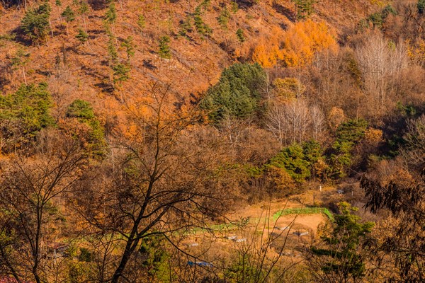 Small family graveyard surrounded by green fence in valley as seen from top of mountain on autumn day