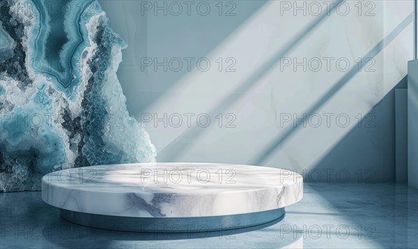 Minimalistic abstract scene with marble podium and blue geode on background AI generated