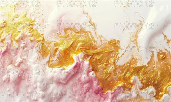 Pink and gold abstract texture background. Marbling artwork texture. Pink quartz ripple pattern. Gold powder AI generated