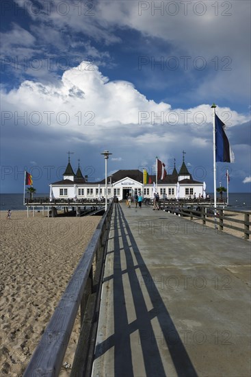 Pier on the lido of Ahlbeck, travel, summer holiday, tourism, Baltic Sea, Baltic Sea coast, lido, lido, holiday, summer holiday, weather, cloudy, sun, Usedom, Mecklenburg.Vorpommern, Germany, Europe