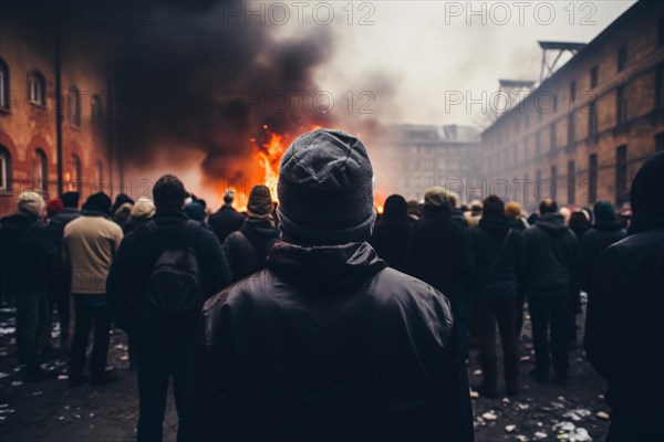 Back view of people in riot in burning city. KI generiert, generiert AI generated