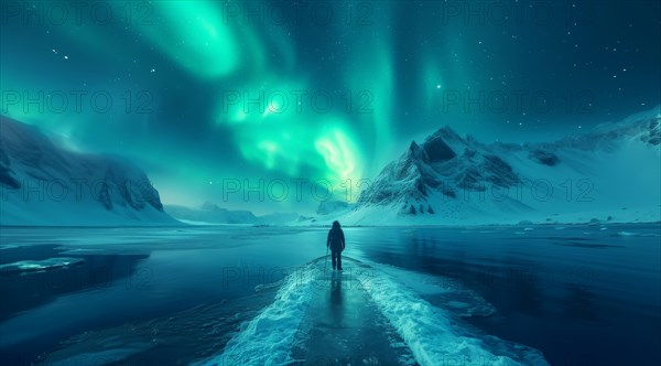 A lone figure stands on an icy path under a vibrant green aurora borealis in the night sky, AI generated