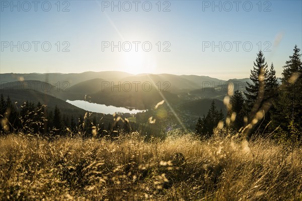 View from Hochfirst to Titisee and Feldberg, sunset, near Neustadt, Black Forest, Baden-Wuerttemberg, Germany, Europe