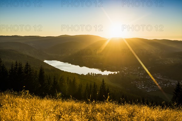 View from Hochfirst to Titisee and Feldberg, sunset, near Neustadt, Black Forest, Baden-Wuerttemberg, Germany, Europe