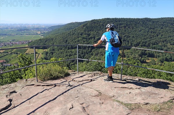 Mountain bikers on the viewing platform of the Neukastel castle ruins above Leinsweiler, Suedliche Weinstrasse district, Rhineland-Palatinate