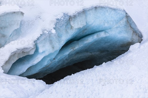 Glacier tongue, snow, winter, Morteratsch glacier, Pontresina, Engadin, Graubuenden, Switzerland, Europe