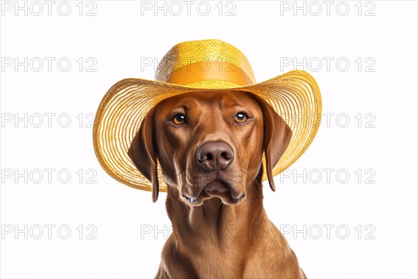 Portriat of dog with yellow summer straw hat on white background. KI generiert, generiert AI generated