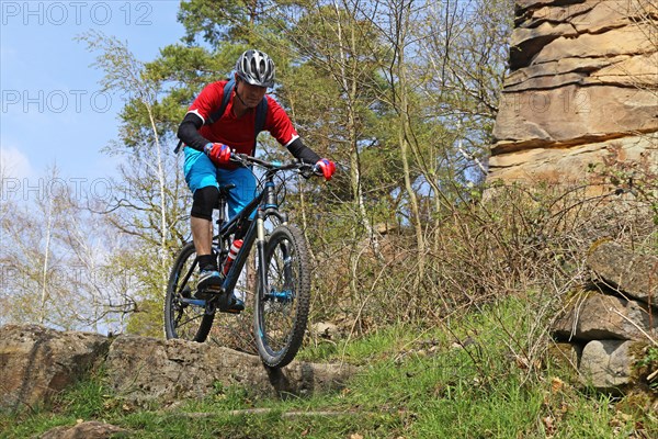 Mountain biker in difficult terrain in the Palatinate Forest near Wolfsburg