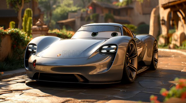 A sleek modern silver Porsche sports car parked on a sunny cobblestone street next to bright flowers, ai generated, AI generated