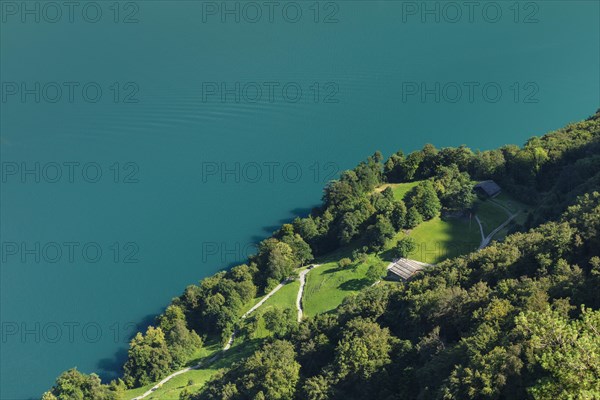 View from Seelisberg to the Ruetli meadow, site of the Ruetli oath, national monument, Lake Uri, Canton Uri Switzerland, Seelisberg, Lake Lucerne, Uri, Switzerland, Europe