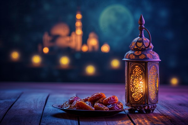 Ramadan lantern to a plate of succulent figs in violet purple tones with mosque and moon, set on an ornate table with intricate designs. Rich traditions and serene moments of the holy month Ramadan, AI generated